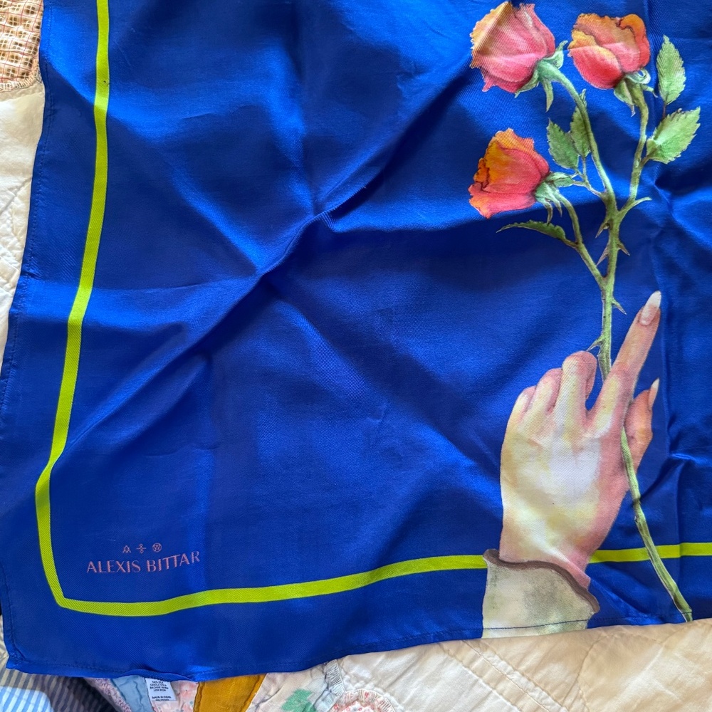 Alexis Bittar 100% Silk Scarf, Striking Blue with Pink Rose
